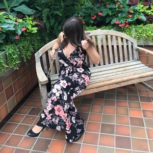 Mendocino black pink floral long romper jumpsuit